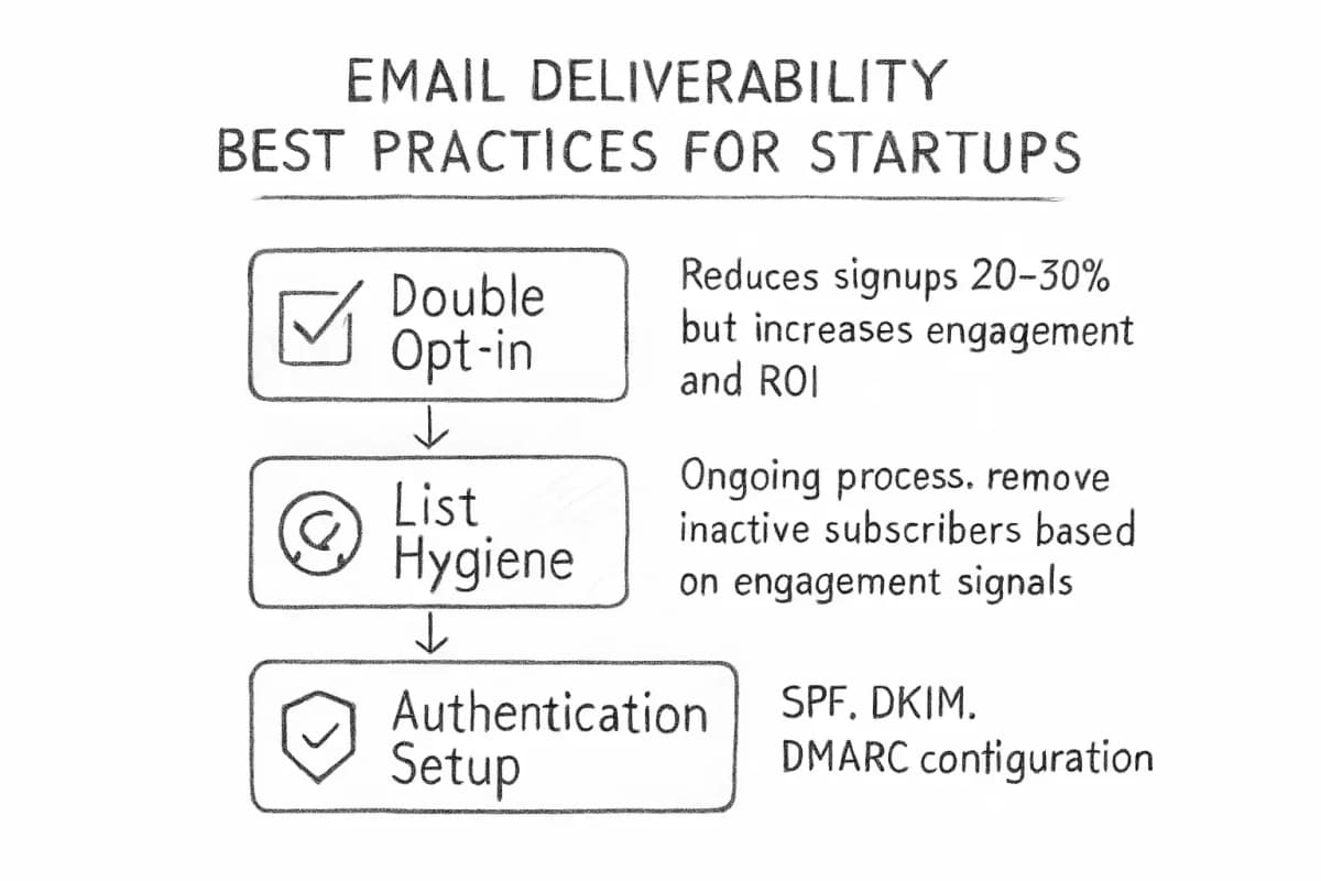 Une liste de contrôle verticale montrant trois pratiques de délivrabilité des e-mails pour les startups. Chaque élément est une case à cocher avec un libellé et une brève explication. Premier élément : Double Opt-in (réduit les inscriptions de 20-30% mais augmente l'engagement et le ROI). Deuxième élément : Hygiène des Listes (processus continu, supprimer les abonnés inactifs en fonction des signaux d'engagement). Troisième élément : Configuration de l'Authentification (SPF, DKIM, DMARC). Utilisez un design épuré et moderne avec des cases à cocher, des icônes pour chaque pratique et des lignes de connexion montrant que ces éléments sont interconnectés dans une stratégie d'email durable.