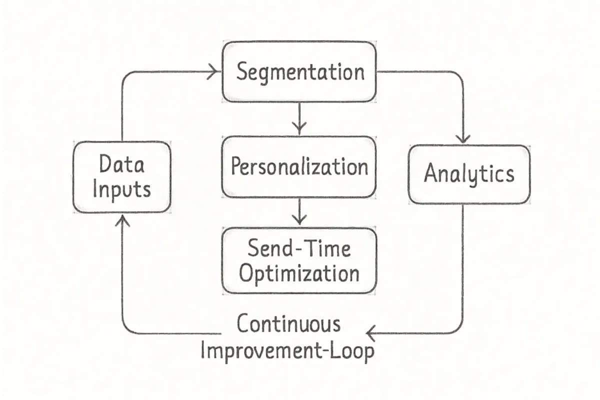 Un diagramme de workflow montrant un cycle d'agent IA pour email marketing avec cinq nœuds connectés: (1) Entrées de données à gauche, s'écoulant à droite vers (2) Segmentation, (3) Personnalisation et (4) Optimisation de l'heure d'envoi empilées verticalement au centre, puis s'écoulant à droite vers (5) Analyse, avec une flèche boucle de Analyse à Entrées de données pour montrer l'amélioration continue et la boucle de rétroaction