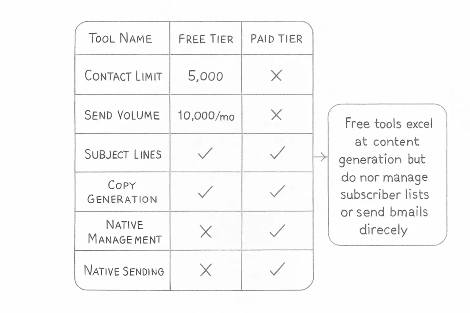 Graphique de comparaison montrant les outils email marketing IA gratuits côte à côte. Le graphique doit afficher des colonnes pour les noms d'outils (Copy.ai et autres outils IA gratuits mentionnés), avec des lignes montrant les métriques clés: limites de contacts, volumes d'envoi mensuels, fonctionnalités (génération de ligne d'objet, rédaction d'emails, capacités de brainstorming) et si elles incluent la gestion de liste ou la fonctionnalité d'envoi native. Utilisez une disposition de tableau ou de grille propre avec des indicateurs visuels (coches, croix ou codage couleur) pour montrer quelles fonctionnalités sont incluses par rapport à celles réservées aux tiers payants. Incluez un appel mettant en évidence que les outils gratuits excellent dans la génération de contenu mais ne gèrent ni les listes d'abonnés ni n'envoient d'emails directement.