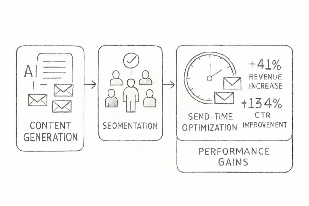 Diagramme de workflow du marketing email IA montrant trois étapes connectées dans un flux horizontal. L'étape 1 intitulée 'Génération de contenu' montre l'IA écrivant plusieurs variations d'email. L'étape 2 intitulée 'Segmentation' montre la division du public en différents groupes d'abonnés basée sur le comportement et les préférences. L'étape 3 intitulée 'Optimisation du moment d'envoi' montre les emails étant livrés au moment optimal pour chaque segment. Incluez des indicateurs visuels des métriques de performance (augmentation de 41% du revenu, amélioration du CTR de 13,44%) apparaissant après l'étape d'optimisation du moment d'envoi pour montrer les résultats cumulatifs de la combinaison de ces capacités IA.