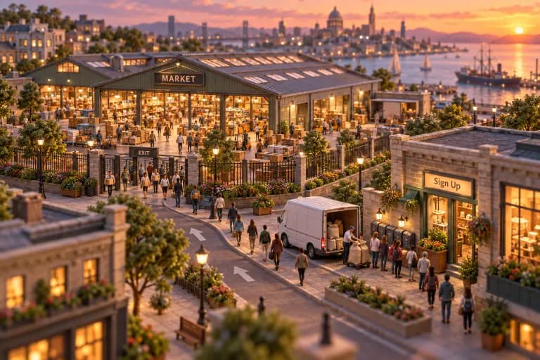 A vast warehouse marketplace occupies one city block, ringed by a low fence with one-way turnstile gates where tiny shoppers stream out carrying parcels but no guard lets sellers f