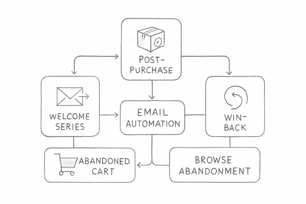 Diagramme visuel montrant cinq flux d'automatisation email fondamentaux arrangés horizontalement ou en motif circulaire. Chaque flux doit être représenté comme une boîte ou un nœud distinct contenant: (1) Série de Bienvenue avec icône d'enveloppe et de flèche, (2) Panier Abandonné avec icône de panier, (3) Post-Achat avec icône de colis/coche, (4) Reconquête avec icône de flèche de retour, et (5) Abandon de Navigation avec icône de navigation de produit. Chaque nœud doit se connecter à un hub central intitulé 'Automatisation Email' ou les montrer comme des flux parallèles. Incluez un texte descriptif bref sous chaque type de flux. Utilisez un palette de couleurs professionnelle avec bleus, verts, et gris. Le visuel global doit transmettre que ce sont des chemins d'automatisation interconnectés mais distincts qu'une entreprise peut déployer.