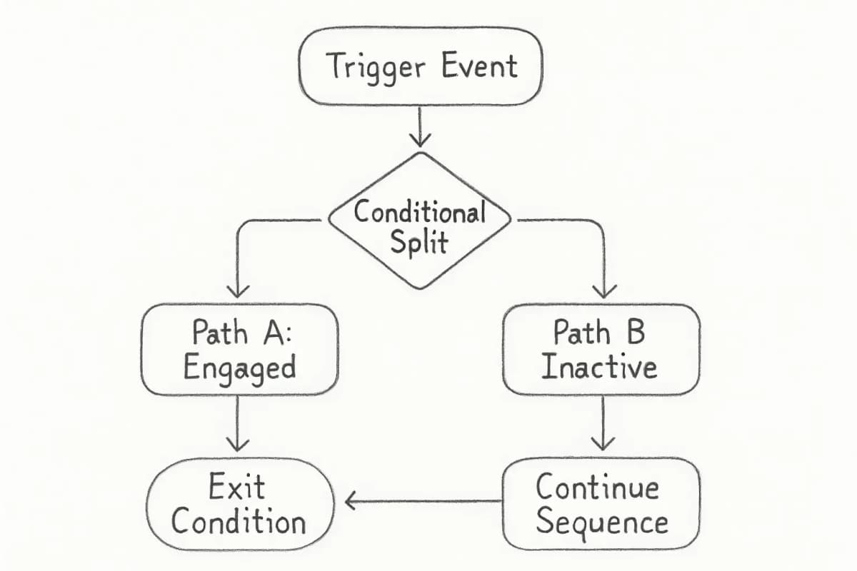 Email automation workflow diagram showing the complete process flow: a trigger event (subscriber action or time-based event) that feeds into conditional split logic (decision nodes that evaluate subscriber behavior or attributes), branching into multiple parallel paths (different sequences based on conditions), with exit conditions shown as endpoints where subscribers leave the workflow. The diagram should show clear arrows connecting each stage, with at least 2-3 branching paths to illustrate segmentation logic. Color-code the trigger entry point, decision diamonds for conditionals, and exit nodes distinctly.