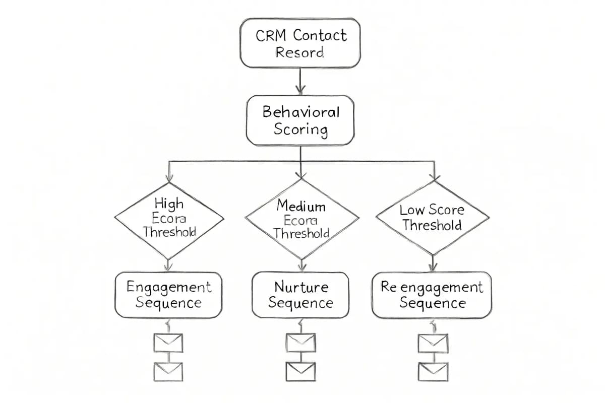 Un diagramme de flux vertical montrant un dossier de contact CRM déclenchant des séquences d'email automatisées. Commencez par un dossier de contact CRM en haut. La flèche coule vers le bas jusqu'à une case d'évaluation de notation comportementale qui vérifie par rapport à plusieurs seuils (score élevé, score moyen, score faible). En fonction des seuils de score, trois chemins de séquence d'email distincts se divisent vers le bas : séquence d'engagement élevé (gauche), séquence de nurturing standard (centre), et séquence de réengagement (droite). Chaque chemin montre 2 à 3 étapes d'email séquentielles coulant vers le bas. Utilisez le codage couleur pour distinguer les trois chemins (vert pour l'engagement élevé, bleu pour le standard, orange pour le réengagement). Incluez les flèches de connexion et les formes de losange de décision aux points de contrôle des seuils.