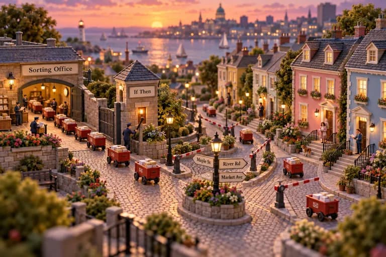 A tiny postal district where a single lever-pulled gate at the end of a cobbled lane releases a stream of miniature mail carts, each one rolling onto a different branching street t