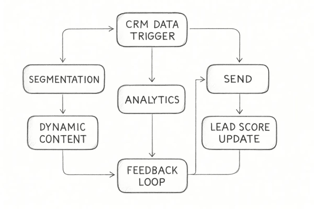 Email automation workflow diagram showing the complete cycle: CRM data feeds into email platform as the trigger point, which routes to segmentation based on behavioral data, then branches to dynamic content personalization, followed by send execution, with analytics and engagement data feeding back into the CRM for real-time lead score updates, creating a closed feedback loop
