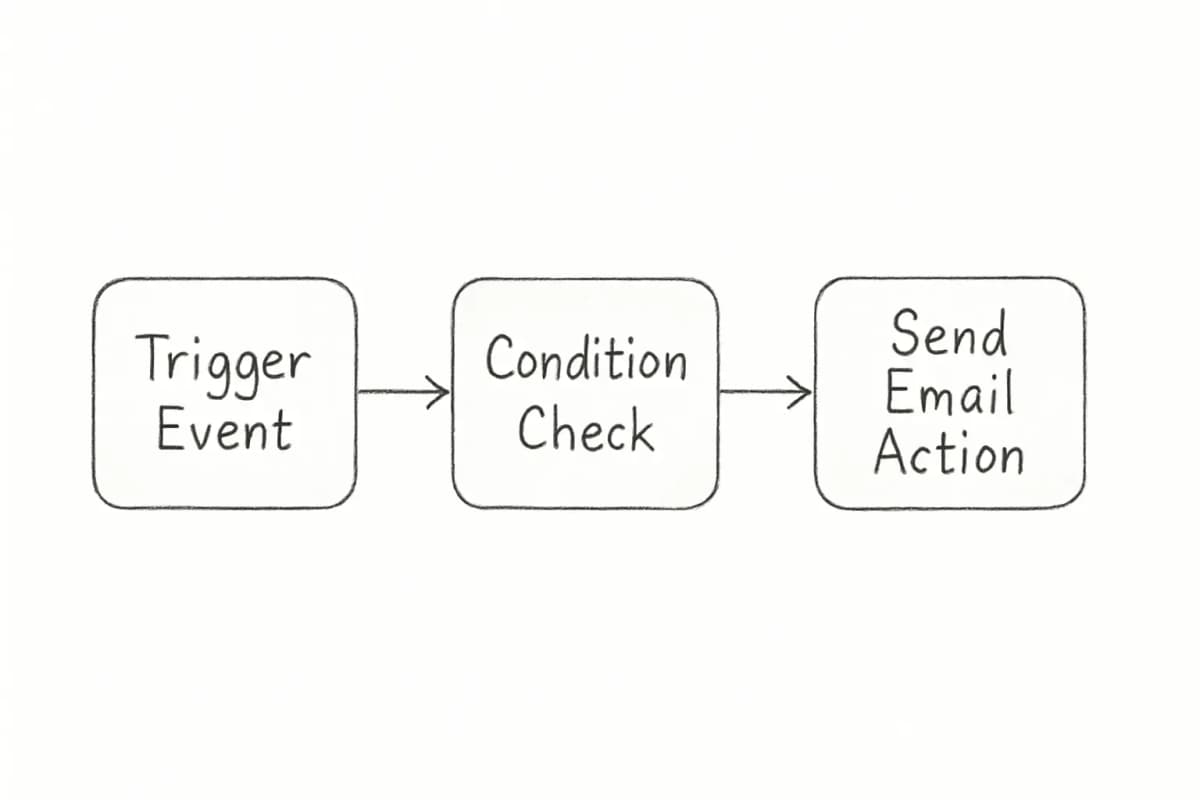 Diagramme de workflow d'automatisation email montrant les trois composants principaux d'un système d'email automatisé. Commencez par un événement déclencheur (action ou condition de l'abonné), qui alimente un point de décision ou une vérification de condition, puis passe à l'étape d'action (email envoyé). Utilisez des flèches pour montrer la progression de gauche à droite. Incluez une distinction visuelle entre les phases de déclenchement, d'évaluation de condition et d'action. Le diagramme doit être propre, moderne et mettre l'accent sur le fait que les workflows d'automatisation suivent une séquence logique de stimulus, d'évaluation et de réponse.