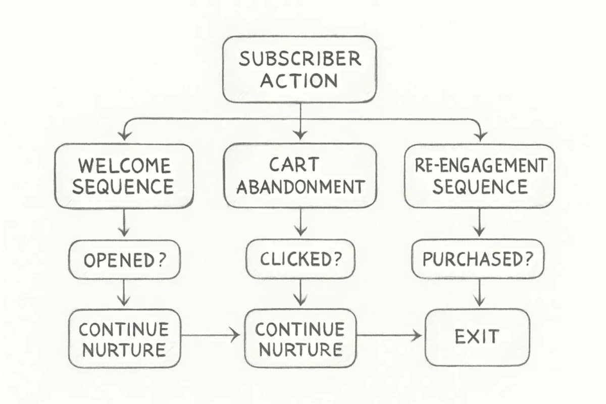 Diagramme de flux de travail d'automatisation email marketing montrant trois séquences parallèles déclenchées. Commencez par un hub central intitulé 'Action de l'Abonné' qui se divise en trois chemins: (1) Séquence de bienvenue pour les nouveaux abonnés avec email d'engagement initial, (2) Séquence d'abandon de panier avec emails de récupération programmés à 1 heure, 24 heures et 3 jours, et (3) Séquence de réengagement pour les abonnés inactifs avec des offres de win-back. Chaque séquence montre des scissions conditionnelles basées sur l'engagement (ouvert, cliqué ou acheté) menant soit à une poursuite du suivi, soit à des chemins de sortie. Utilisez des flèches pour montrer la direction du flux et codez chaque chemin de séquence par couleur pour une clarté visuelle.
