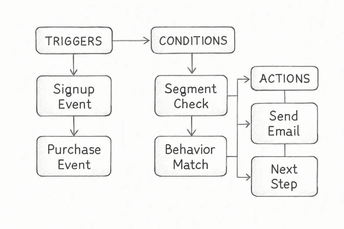 Diagramme de workflow d'automatisation email montrant trois composants principaux: les déclencheurs (événements qui lancent le workflow tels que l'inscription d'un abonné ou l'achat), les conditions (points de décision qui segmentent les abonnés selon le comportement ou les attributs), et les actions (emails envoyés ou autres réponses automatisées). Le flux doit se déplacer de gauche à droite avec les déclencheurs à gauche alimentant les conditions au milieu, qui se ramifient ensuite vers plusieurs actions à droite. Utilisez des boîtes pour chaque type de composant avec des flèches montrant la direction du flux.