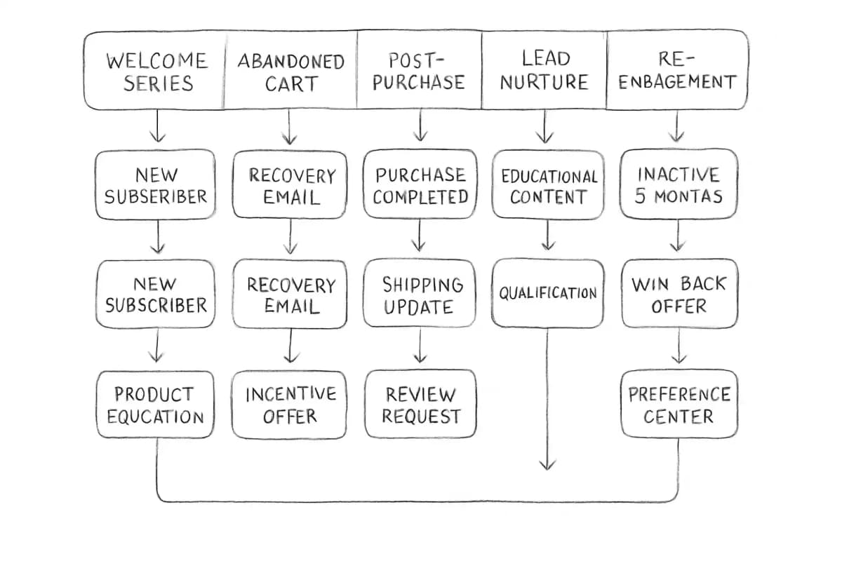 Organigramme montrant cinq workflows d'automatisation email principaux en tant que séquences verticales séparées. Chaque workflow commence par un déclencheur et s'écoule vers le bas à travers des étapes séquentielles. Les cinq workflows sont: (1) Série de bienvenue, déclenchée par l'inscription des nouveaux abonnés, s'écoulant à travers les emails d'introduction et l'éducation produit; (2) Panier abandonné, déclenché par l'abandon de panier, s'écoulant à travers les emails de récupération et les incitations; (3) Post-achat, déclenché par l'achèvement de l'achat, s'écoulant à travers la confirmation de commande, les mises à jour d'expédition et les demandes d'avis; (4) Nurture de prospects, déclenchée par la capture de prospect, s'écoulant à travers le contenu éducatif et les étapes de qualification; (5) Réengagement, déclenché par l'inactivité (3+ mois sans ouvertures), s'écoulant à travers les offres de reconquête et les options du centre de préférences. Chaque workflow doit être visuellement distinct avec des flèches claires montrant la progression et les points de décision le cas échéant.
