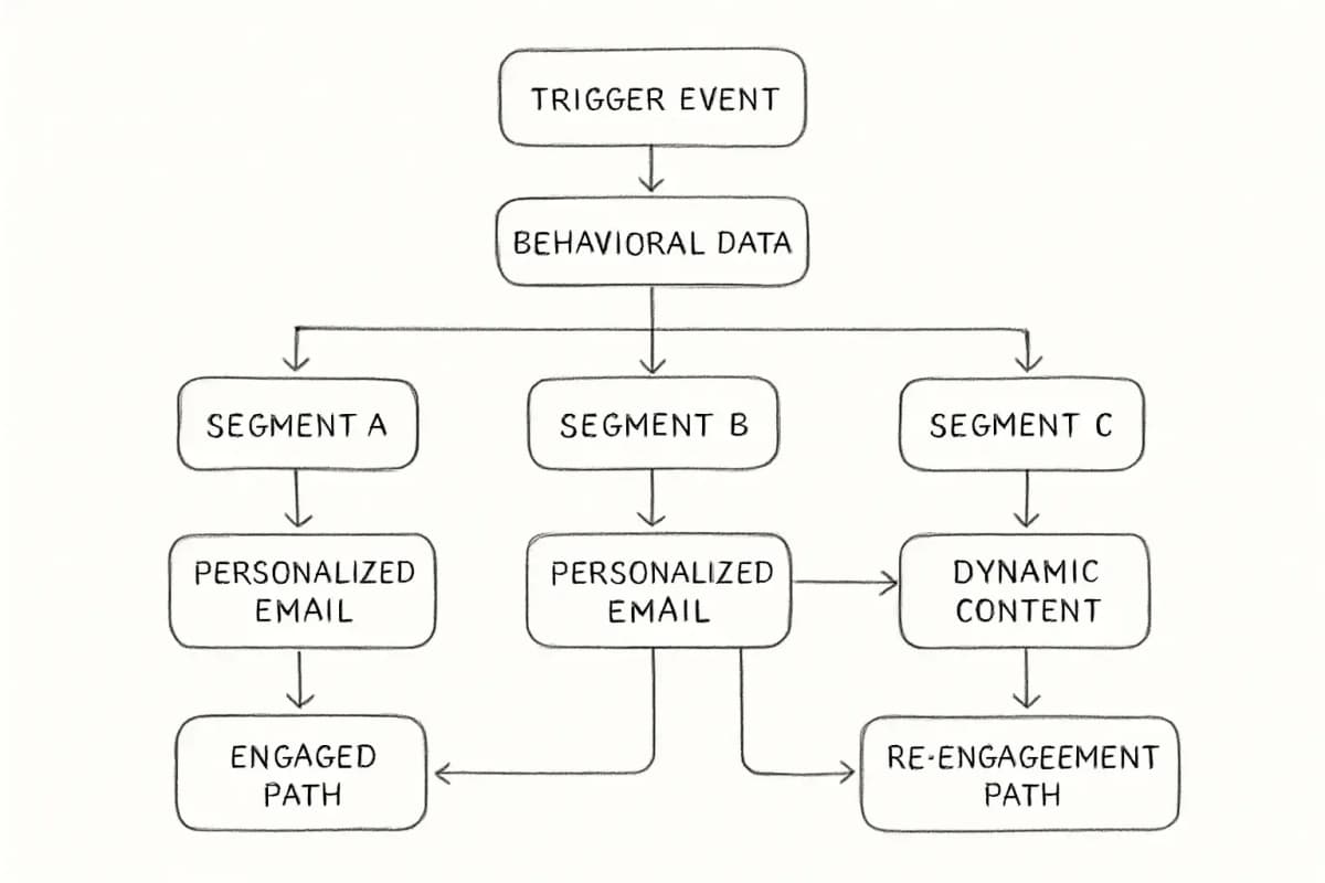 Email marketing automation workflow diagram showing the complete customer journey. Start with a trigger event (subscriber action or time-based event). Flow splits into segmentation based on user behavior and characteristics. From each segment, personalized email paths branch out with dynamic content tailored to that segment. Show multiple parallel paths converging and diverging to illustrate how automation handles thousands of subscribers simultaneously. Include visual indicators showing how behavioral triggers activate different email sequences, and how personalization variables insert dynamic content into each path. The overall flow should convey scalability and the relationship between triggers, segmentation, and personalized outcomes without manual intervention.