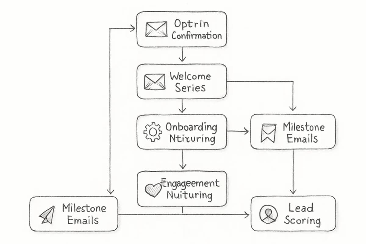Email automation workflow diagram mapping 8 key sequences to the customer lifecycle stages. Shows progression from initial opt-in through welcome series, onboarding, engagement nurturing, milestone recognition, loyalty rewards, abandoned cart recovery, and lead scoring/sales handoff. Each stage connects vertically or horizontally with arrows indicating trigger points and customer journey progression. Include icons or visual markers for each sequence type. Use a professional color scheme with clear hierarchy showing how each automation builds on the previous stage.