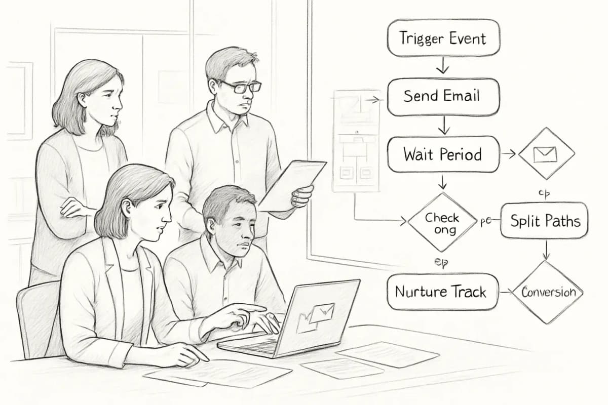 A marketing team collaborating around email automation workflows. Show 3-4 team members in an office setting: one person pointing at a laptop screen displaying an automation flowchart, another reviewing a wall monitor with workflow diagrams and connected boxes showing email triggers and actions, papers with process notes scattered on a desk. Include visual elements like workflow arrows, decision nodes (diamond shapes for yes/no branches), and email icons connected in a sequence. The overall mood should convey productive collaboration, focus, and strategic planning around automation setup.