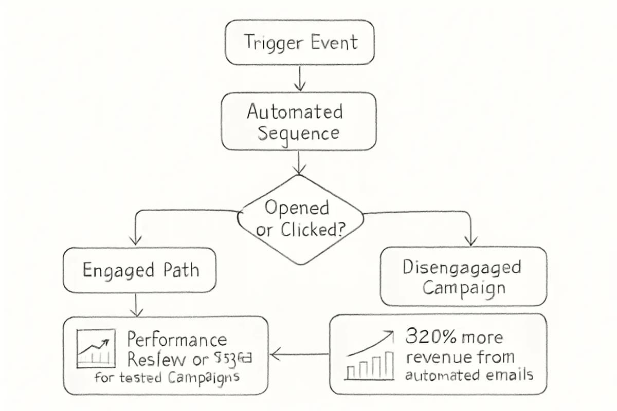Email marketing automation workflow diagram showing the complete automation sequence. Start with a trigger event (subscriber action or date-based), flowing into an automated email sequence with multiple decision points. Show branches for email opens/clicks leading to different outcomes: engaged subscribers continuing to regular sends, and disengaged subscribers entering re-engagement campaigns. Include visual indicators for performance metrics like ROI comparison (83% higher for tested campaigns) and revenue impact (320% more revenue from automated vs non-automated emails). Use arrows to show workflow progression and decision diamonds for conditional logic splits.
