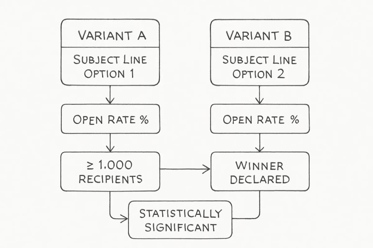 Graphique de comparaison de performance de test A/B montrant deux variantes de lignes d'objet email côte à côte avec leurs métriques respectives. Le côté gauche montre la variante A avec pourcentage de taux d'ouverture, le côté droit montre la variante B avec pourcentage de taux d'ouverture. Incluez un indicateur visuel montrant quelle variante a le taux d'ouverture le plus élevé. Ajoutez des éléments de support montrant la taille de l'échantillon de test (au moins 1 000 destinataires par variante) et une coche de significativité statistique. Utilisez un graphique à barres ou une mise en page de tableau de comparaison propre avec un libellé clair pour chaque métrique.