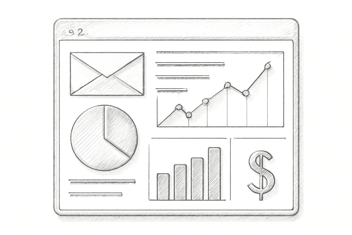 Un tableau de bord montrant les métriques d'analyse des emails incluant CTR, taux de conversion et revenu par email ac
