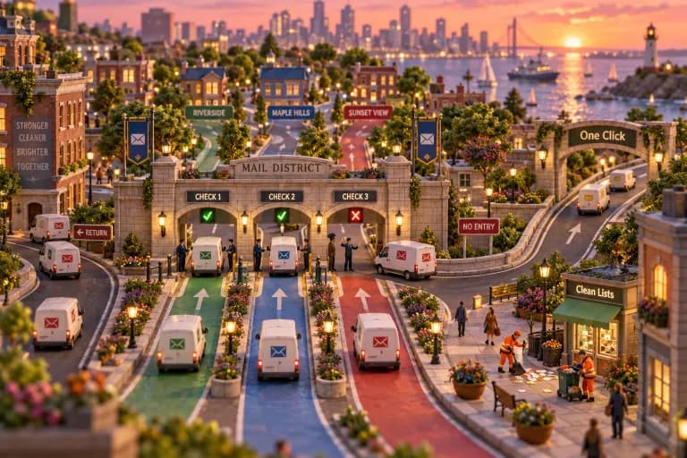 A miniature mail district where every delivery van must pass through a three-gate checkpoint at the city entrance, guards waving stamped trucks through while unstamped ones are tur
