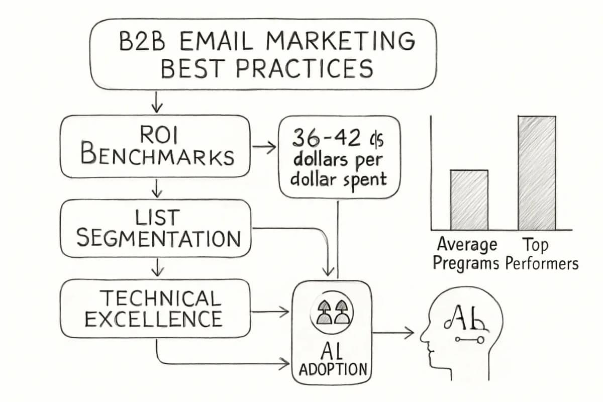 Infographie sur les meilleures pratiques d'email marketing B2B montrant les métriques clés et les éléments stratégiques. Inclure les sections: benchmarks ROI (36-42 euros par euro dépensé), importance de la profondeur de segmentation, facteurs de qualité des listes, exigences d'excellence technique et avantages de l'adoption de l'IA. Utiliser une mise en page propre et professionnelle avec des icônes, des sections codées par couleur et des éléments de visualisation de données qui soulignent l'écart entre les programmes moyens et les plus performants.