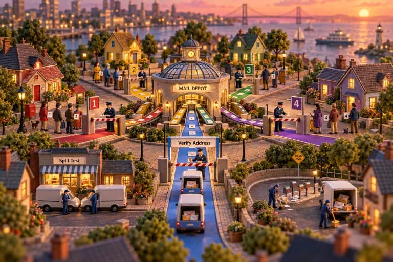 A hub-and-spoke town where a round central depot sorts tiny envelopes onto five radiating streets, each lane painted a different color and gated by a striped checkpoint where unifo