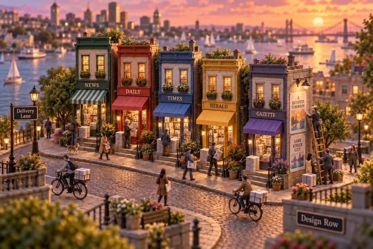A short curved street lined with five narrow newsstand towers, each fronted by a different awning color and a stack of freshly folded papers on its stoop; two modest signs read "De