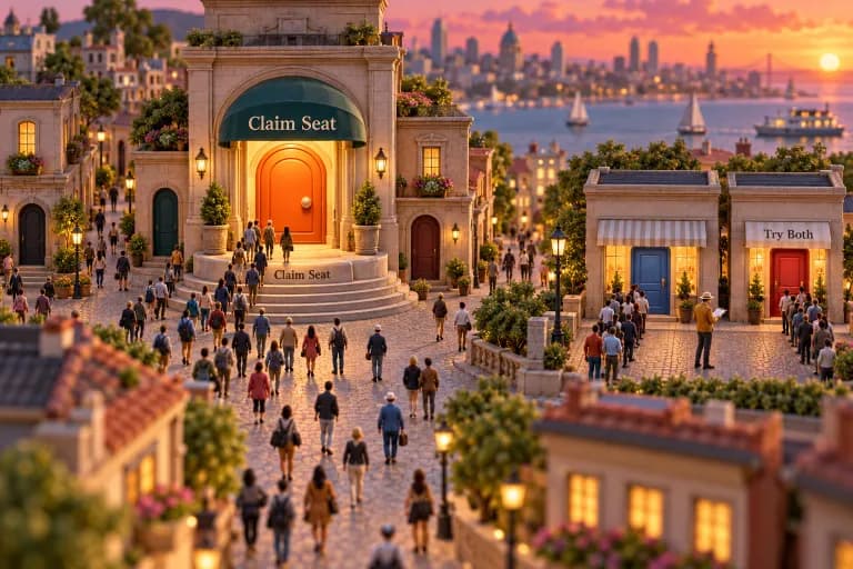 A wide avenue narrows into a single plaza where one oversized doorstep, shaped like a rounded button, glows orange at the top of three broad steps; tiny pedestrians converge on it