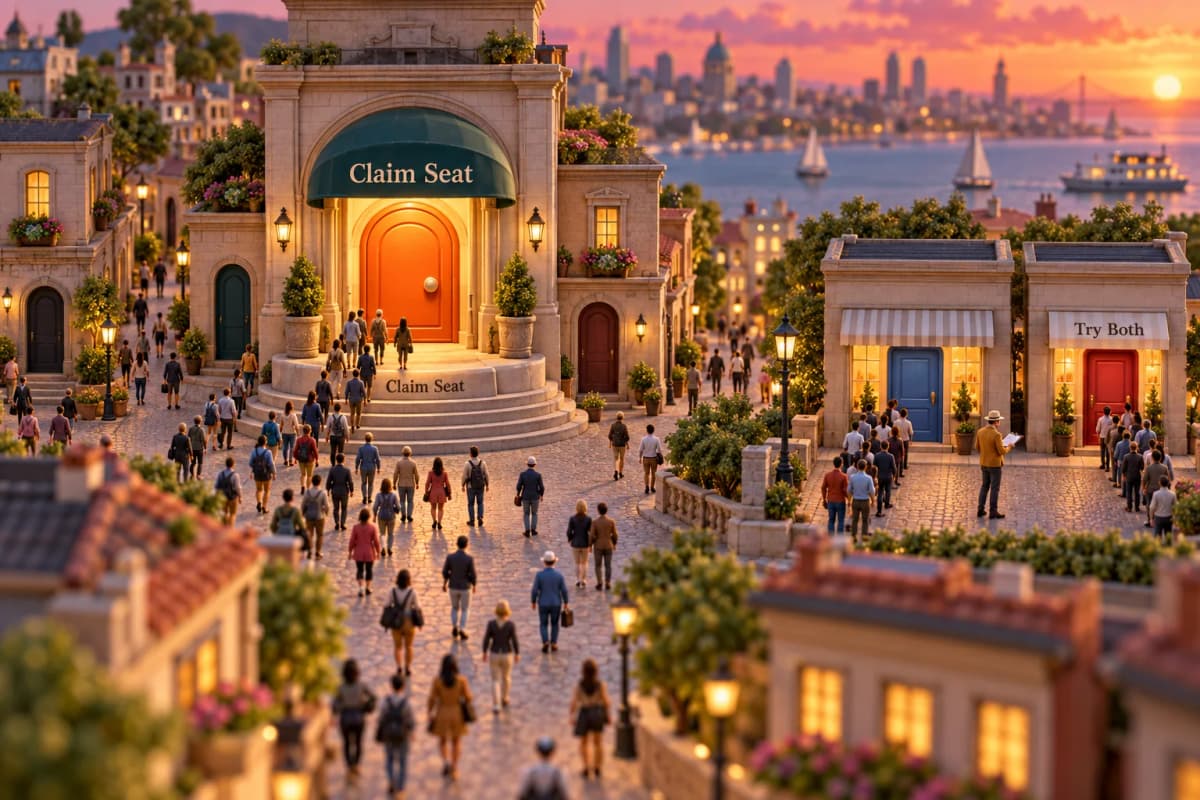 A wide avenue narrows into a single plaza where one oversized doorstep, shaped like a rounded button, glows orange at the top of three broad steps; tiny pedestrians converge on it