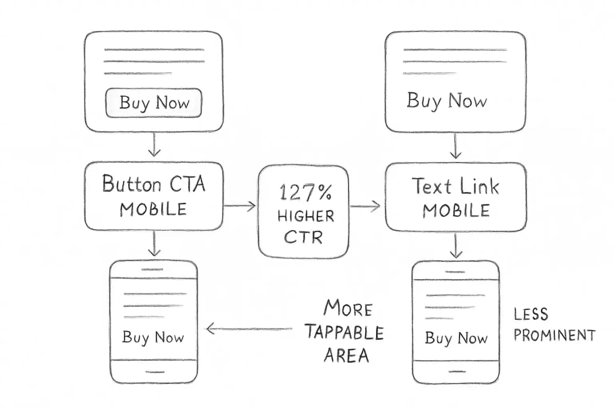 Diagramme de comparaison côte à côte montrant les variations de conception des CTA email. Le côté gauche montre un CTA basé sur bouton avec emphase visuelle sur un bouton rectangulaire contenant le texte "Acheter maintenant", affiché sur des mises en page desktop et mobile. Le côté droit montre un CTA lien texte avec texte hyper lié intégré "Acheter maintenant" sur desktop et mobile. Incluez des indicateurs visuels montrant que les CTA boutons sont plus en évidence et plus faciles à appuyer sur mobile. Ajoutez une étiquette de pourcentage montrant un taux de clics 127% plus élevé pour les CTA basés sur boutons. Montrez les différences de comportement réactif entre le rendu desktop et mobile pour chaque approche.
