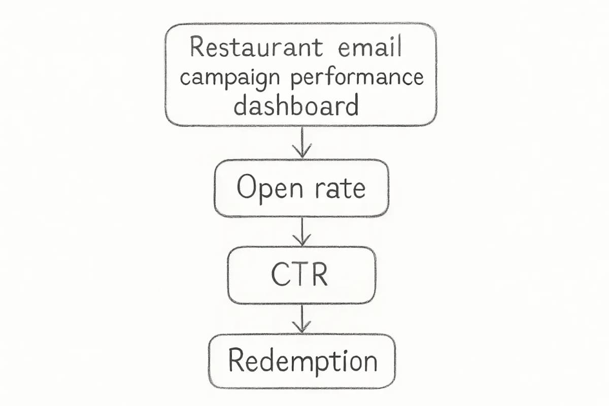Tableau de bord de performance de campagne email de restaurant montrant le taux d'ouverture, le CTR et les métriques de conversion