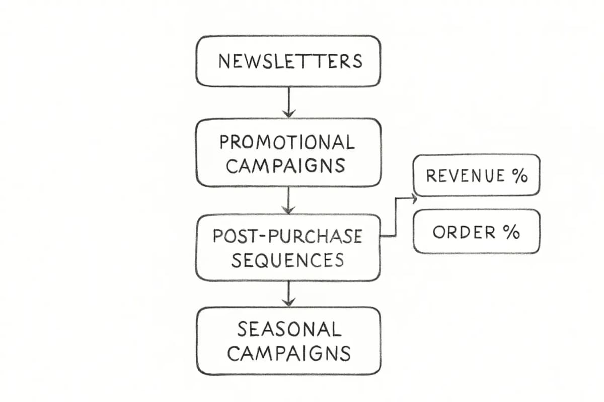 Graphique d'aperçu des performances comparatives montrant l'efficacité du type de campagne email. Affichez 4 à 5 types de campagne clés (infolettres, campagnes promotionnelles, séquences post-achat, campagnes saisonnières, et une autre) sous forme de barres verticales ou horizontales avec leurs métriques de performance. Incluez les métriques montrant les pourcentages de contribution aux revenus (par ex., post-achat: 44% revenus, 46% commandes de 21% des clients), taux d'ouverture, taux de clics, ou chiffres de ROI. Utilisez une mise en page de style tableau de bord propre avec des étiquettes claires pour chaque type de campagne et ses numéros de performance associés. Codez les barres par couleur pour montrer la performance relative, avec les performants plus forts dans des couleurs plus chaudes.