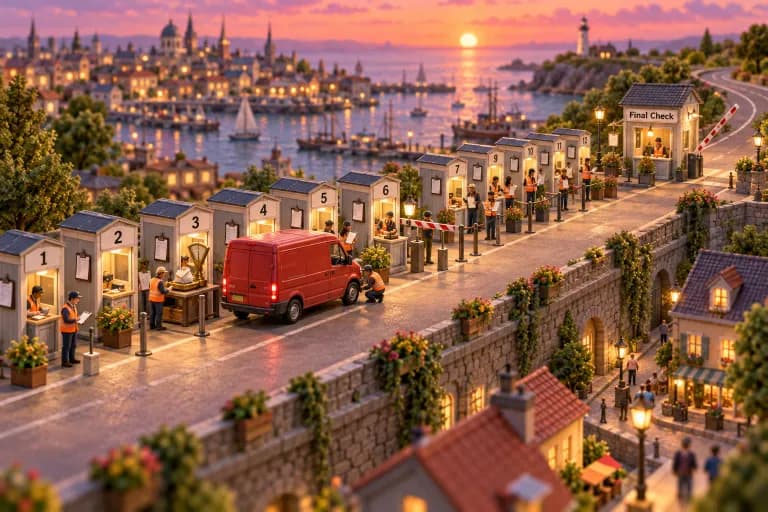 A cherry-red mail van inches along a narrow inspection lane on the edge of town, passing twelve numbered gates staffed by tiny workers in orange vests — one checks the tires, anoth
