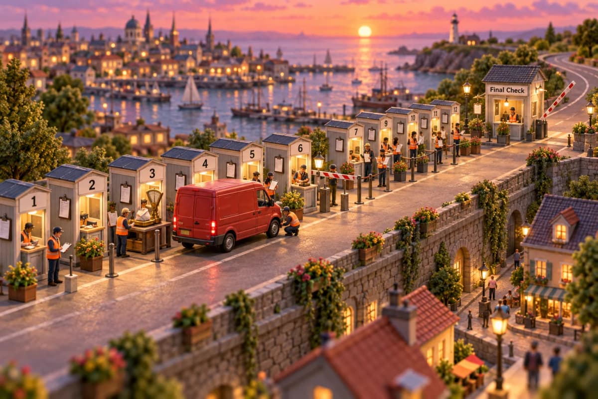 A cherry-red mail van inches along a narrow inspection lane on the edge of town, passing twelve numbered gates staffed by tiny workers in orange vests — one checks the tires, anoth