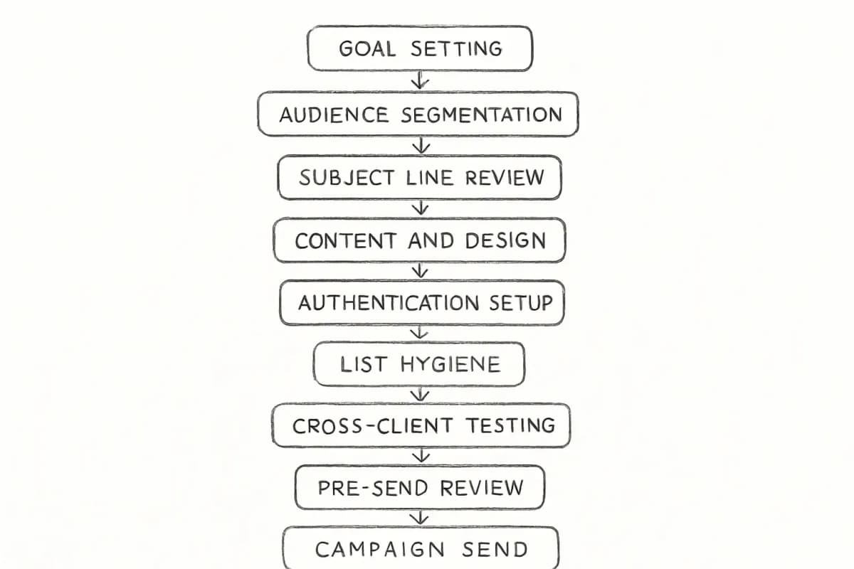 Un organigramme vertical montrant 12 étapes séquentielles dans un flux de travail de campagne email marketing. Chaque étape est une boîte rectangle arrondie connectée par des flèches vers le bas. Les étapes progressent de haut en bas : Définition des objectifs, Segmentation de l'audience, Examen de la ligne d'objet, Vérifications du contenu et du design, Authentification technique (SPF, DKIM, DMARC), Hygiène de la liste, Tests multi-client, Examen avant envoi, Envoi de campagne, Surveillance de la livraison, Suivi de l'engagement et Analyse après envoi. Le flux doit utiliser un schéma de couleurs professionnel avec une hiérarchie visuelle claire, et chaque boîte doit être dimensionnée proportionnellement avec un espacement cohérent entre les étapes.
