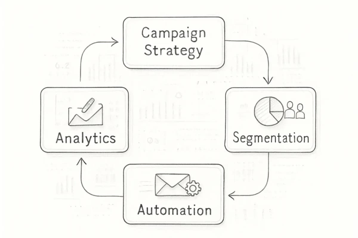 Email marketing workflow diagram showing the interconnected stages of a successful email campaign for Bangalore businesses. The diagram should display four main boxes connected by arrows in a circular flow: (1) Campaign Strategy box at the top, (2) Segmentation box on the right, (3) Automation box at the bottom, and (4) Analytics box on the left. Each box should contain relevant icons or visual indicators. Arrows should flow clockwise between the boxes, with a feedback loop from Analytics back to Campaign Strategy to show continuous optimization. The overall color scheme should be professional and tech-forward, suitable for a Bangalore tech startup audience. Include subtle background elements like data points or metrics to reinforce the analytics-driven nature of the workflow.
