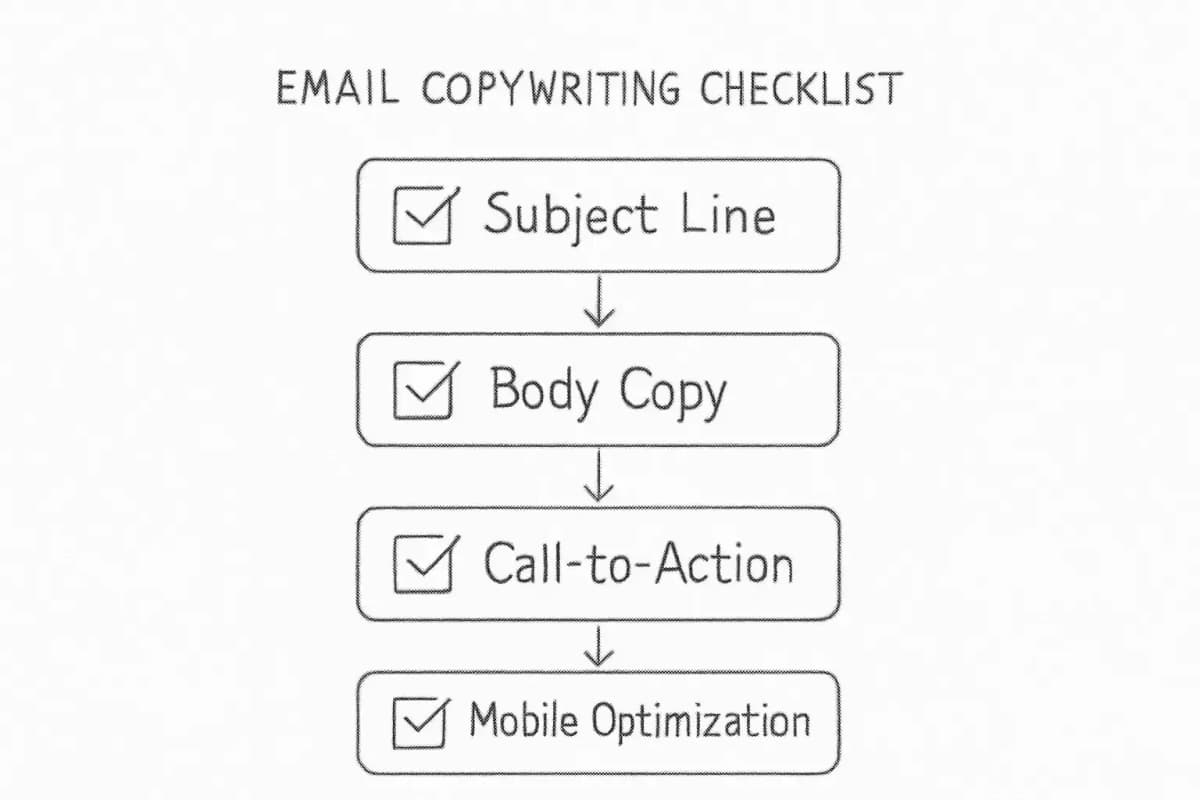 Liste de contrôle de rédaction d'e-mails affichée comme une liste de contrôle verticale avec quatre sections principales: optimisation de la ligne d'objet en haut, suivie de la qualité du corps du texte, de la clarté de l'appel à l'action et de l'optimisation mobile en bas. Chaque section doit avoir une icône de case à cocher et un texte descriptif bref. Utilisez un design propre et professionnel avec des cases à cocher pour indiquer l'achèvement. La mise en page doit sembler être un outil pratique d'examen pré-envoi que les marketeurs d'e-mails utiliseraient avant de lancer des campagnes.
