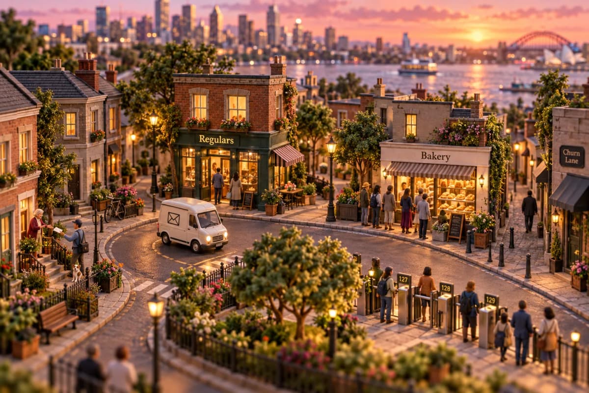 A small downtown block curves into a loop, where the same tiny mail van makes its rounds again and again, dropping envelopes at doorsteps whose residents step out to greet it and w