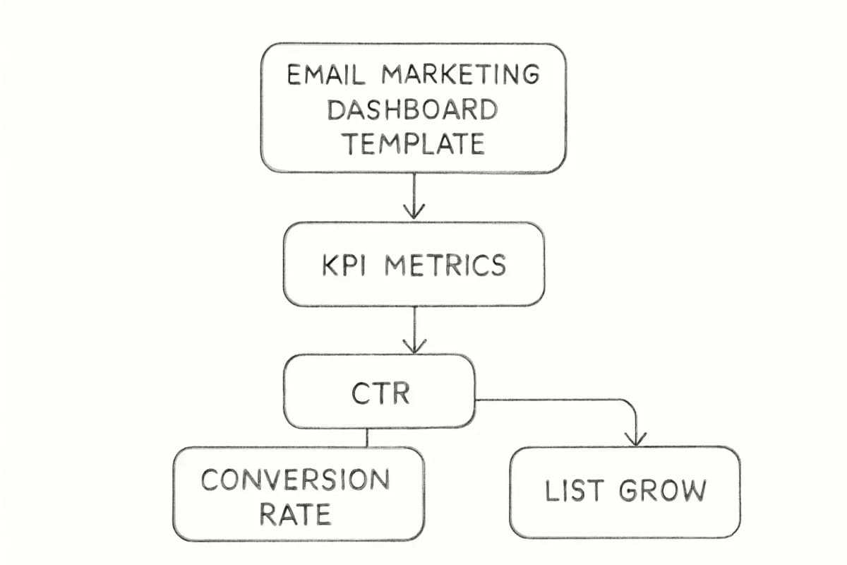 Modèle de tableau de bord email marketing affichant les métriques KPI incluant CTR, taux de conversion et croissance de liste