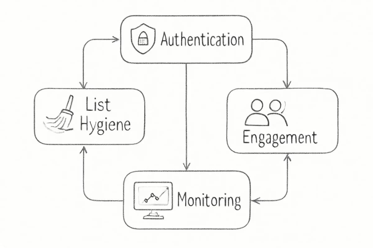 Infographie affichant les quatre piliers clés de la délivrabilité email marketing arrangés dans une structure équilibrée et interconnectée. Chaque pilier doit être visuellement distinct avec des icônes ou un code couleur. Montrez l'authentification (avec une icône de verrou ou bouclier), l'hygiène de liste (avec une icône de coche ou nettoyage), l'engagement (avec une icône de personnes ou interaction), et le suivi (avec une icône de tableau de bord ou d'analyse). Incluez des flèches ou des connexions montrant comment ces piliers fonctionnent ensemble pour améliorer le placement en boîte de réception. Le design doit souligner que les quatre éléments sont également importants et interdépendants pour obtenir de forts taux de délivrabilité.