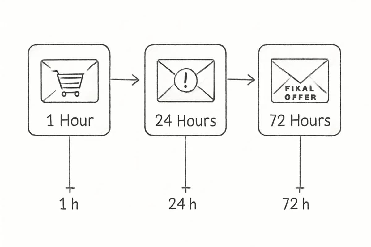 Un diagramme chronologique de séquence d'email d'abandon de panier en trois étapes montrant la progression des emails après l'abandon du panier. L'étape 1 montre un email envoyé 1 heure après l'abandon avec une icône de panier d'achat. L'étape 2 montre un email envoyé à 24 heures avec un indicateur d'urgence. L'étape 3 montre un email envoyé à 72 heures avec un indicateur d'offre finale. Chaque étape est connectée par des flèches s'écoulant de gauche à droite, avec des chronologies verticales en dessous de chaque email montrant les heures écoulées. Utilisez un design propre et moderne avec un fond léger, une palette de couleurs professionnelle (bleus et verts) et une typographie claire.