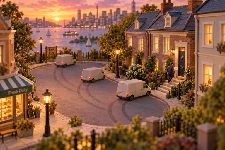 A tidy cul-de-sac where a single courier van has parked three times at the same townhouse, each stop marked by a slightly longer stretch of empty street between tire tracks; a smal