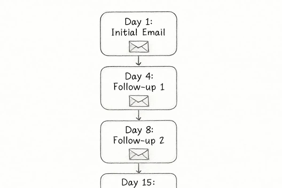 Un diagramme de timeline de séquence de suivi par email en 4 étapes montrant la progression et les écarts de timing entre chaque touchpoint. Le diagramme affiche les étapes séquentielles étiquetées Jour 1, Jour 4, Jour 8, et Jour 15, avec des flèches ou des lignes de connexion indiquant le flux entre chaque email de suivi. Chaque étape devrait inclure une brève représentation de l'email envoyé, avec un espacement clair pour souligner les intervalles de timing entre les suivis.
