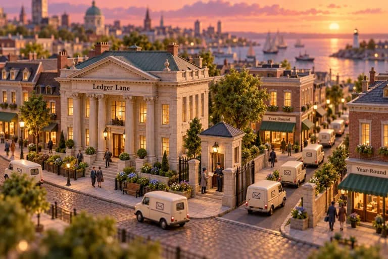 A compact downtown block laid out like a ledger grid, where a columned stone accounting office anchors the corner and a steady line of small mail vans loops the surrounding streets