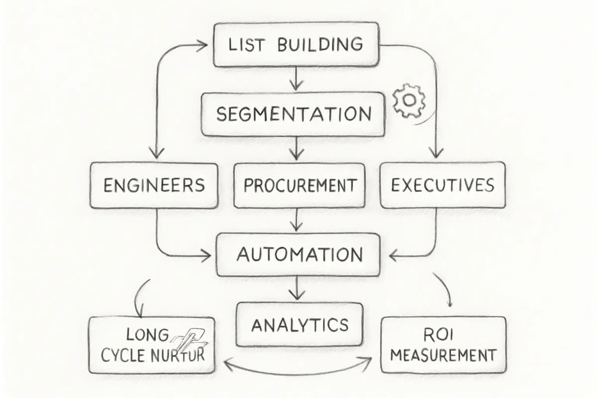 Diagramme d'entonnoir d'email B2B en fabrication montrant le système complet de marketing par email pour les fabricants. Commençant par la construction de liste en haut, coulant vers la segmentation par persona d'acheteur (ingénieurs, responsables des achats, cadres), puis dans les flux d'automatisation qui cultivent les leads tout au long des longs cycles de vente, et finalement convergeant dans l'analyse et la mesure du ROI. Inclure des flèches de connexion montrant comment chaque étape alimente la suivante, en mettant l'accent sur la nature cyclique du processus. Utilisez une palette de couleurs commerciales professionnelles avec des éléments visuels pertinents pour la fabrication comme des engrenages ou de l'iconographie industrielle subtilement intégrée.