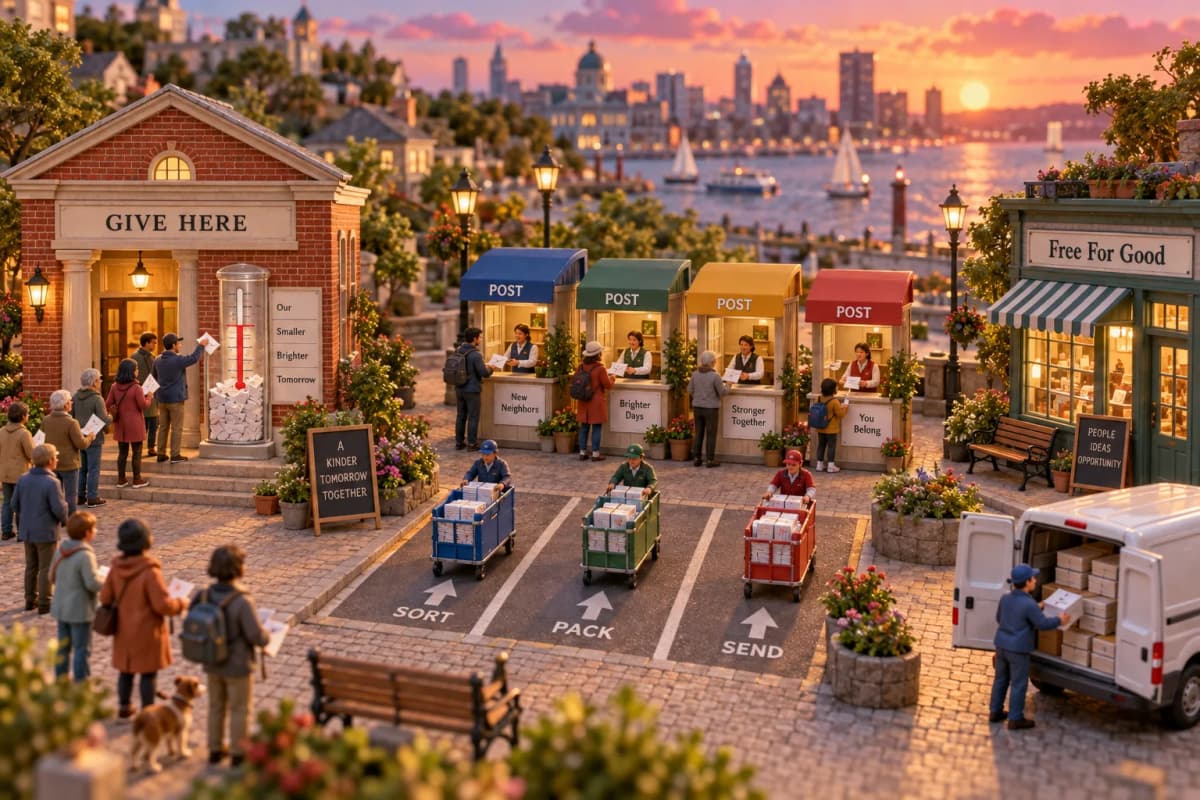 A tiny community square where a donated brick hall with a "Give Here" banner hosts a growing queue of miniature donors, each dropping a folded paper envelope into a glass collectio