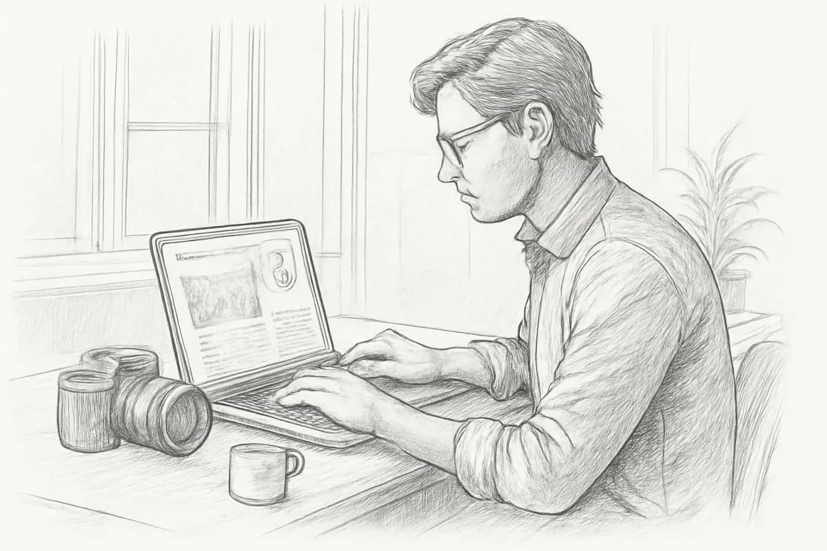 Photographe examinant les analyses d'email sur un ordinateur portable à son bureau