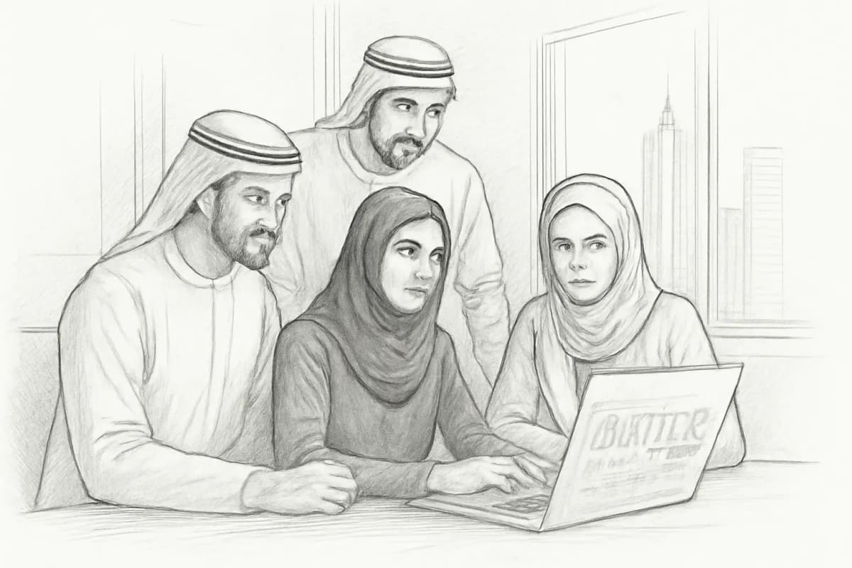 Équipe marketing de Dubaï examinant l'analytique des campagnes email sur un ordinateur portable avec les métriques de campagne visibles à l'écran