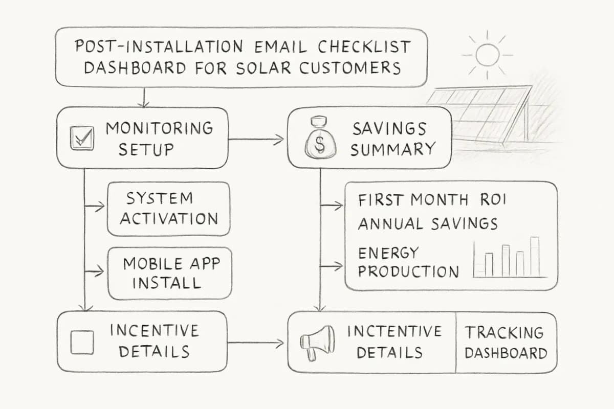 Post-installation email checklist dashboard for solar customers showing three main sections: (1) Monitoring Setup section with checkboxes for system activation, mobile app installation, and performance baseline setup; (2) Savings Summary section displaying first-month ROI metrics, annual savings projection, and energy production graphs; (3) Referral Program Touchpoints section listing referral incentive details, neighbor contact templates, and tracking dashboard. Use a clean, professional layout with checkmarks, icons, and color-coded sections (green for completed, blue for in-progress, grey for pending). Include subtle solar panel or energy imagery as background accents.
