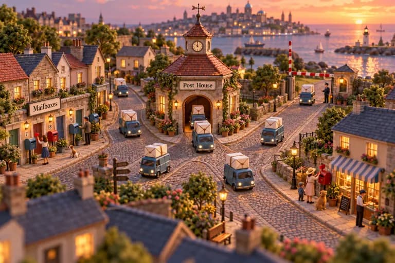 A small central post house sits at the meeting point of five cobbled streets, its arched doorway releasing a steady line of miniature vans, each carrying a single oversized white e
