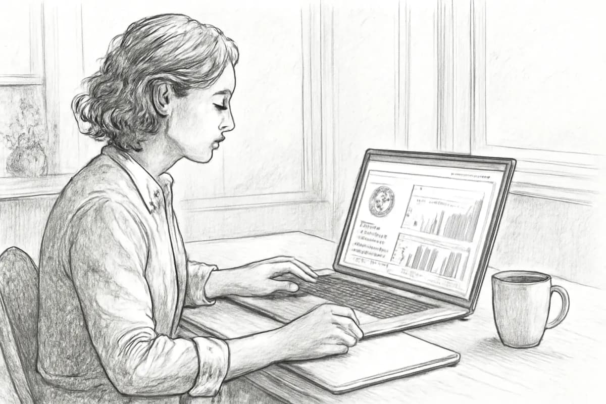 Propriétaire de petite entreprise examinant l'analyse de campagne email sur un ordinateur portable avec un bloc-notes et un café