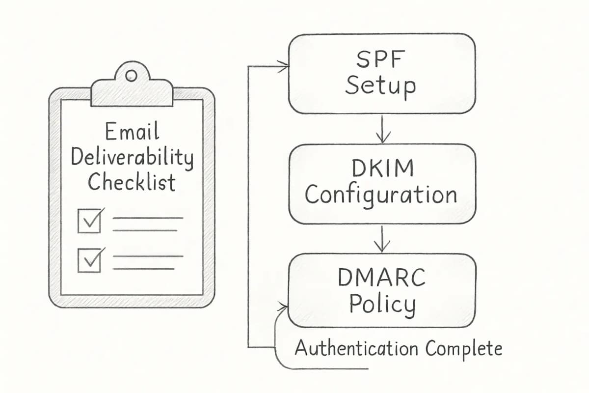 Diagramme de liste de contrôle de délivrabilité email montrant trois méthodes d'authentification en étapes séquentielles. Afficher trois cases connectées par des flèches: authentification SPF (première case avec coche), authentification DKIM (deuxième case avec coche) et politique DMARC (troisième case avec coche). Incluez une icône de presse-papiers ou de liste de contrôle sur le côté gauche. Utilisez une conception propre et professionnelle avec des coches vertes pour indiquer les étapes complétées. Le diagramme doit transmettre un processus de vérification étape par étape que les expéditeurs doivent compléter pour améliorer la délivrabilité des emails.