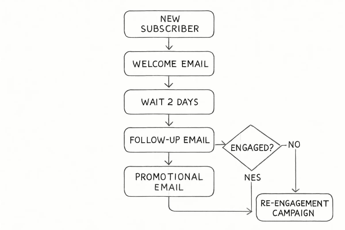 Diagramme de flux de séquence de bienvenue automatisée montrant les étapes d'une campagne de marketing par email. Commencez par un nouvel abonné entrant dans le système, puis se divisant en une série d'emails automatisés: email de bienvenue initial, email de suivi après 2 jours, email promotionnel après 5 jours, et vérification d'engagement. Incluez des nœuds de décision pour les ouvertures et les clics, avec des chemins se divisant en abonnés engagés (continuer la séquence de nurture) et abonnés inactifs (campagne de réengagement). Utilisez des flèches pour montrer la direction du flux et incluez des étiquettes de minutage entre chaque étape.